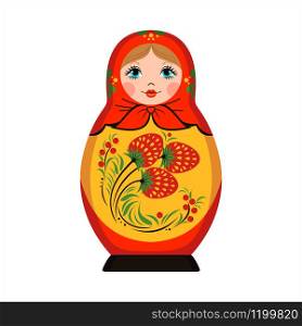 Russian doll Matrioshka icon in flat style isolated on white background. Slavic traditional element with khokhloma painting. Design element for cards, posters, banners. Vector illustration.. Vector Russian doll Matrioshka icon in flat style isolated on white background.