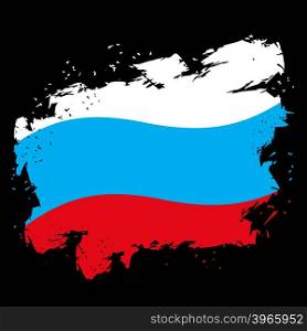 Russian flag grunge style on black background. Brush strokes and ink splatter. National symbol of Russian State&#xA;