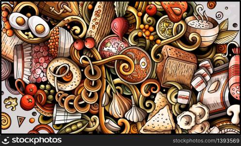 Russian food hand drawn doodle banner. Cartoon detailed flyer. Slavic cuisine identity with objects and symbols. Color vector design elements background. Russian food hand drawn doodle banner. Cartoon detailed flyer.