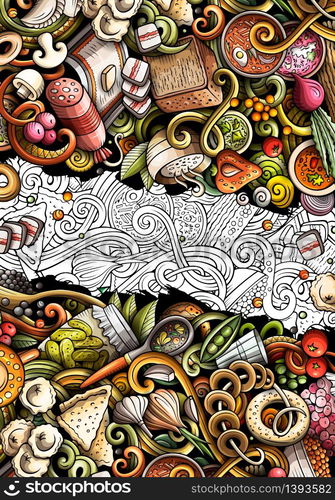 Russian food hand drawn doodle banner. Cartoon detailed flyer. Slavic cuisine identity with objects and symbols. Color vector design elements background. Russian food hand drawn doodle banner. Cartoon detailed flyer.