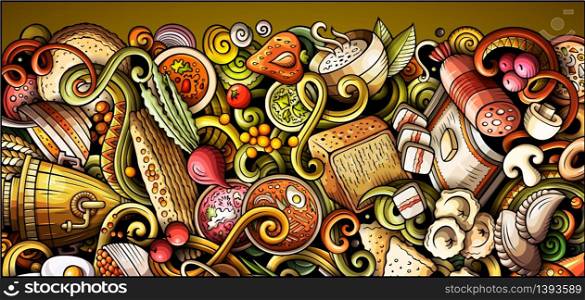 Russian food hand drawn doodle banner. Cartoon detailed flyer. Slavic cuisine identity with objects and symbols. Color vector design elements background. Russian food hand drawn doodle banner. Cartoon detailed flyer.