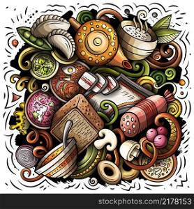 Russian food hand drawn vector doodles illustration. Russia cuisine poster design. National elements and objects cartoon background. Bright colors funny picture. Russian food hand drawn vector doodles illustration. Russia cuisine poster