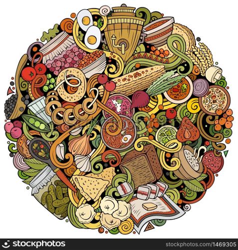 Russian food hand drawn vector doodles round illustration. Russia cuisine poster design. National elements and objects cartoon background. Bright colors funny picture. Russian food hand drawn vector doodles round illustration. Russia cuisine poster