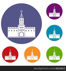 Russian kremlin icons set in flat circle reb, blue and green color for web. Russian kremlin icons set