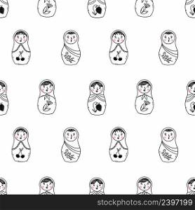 Russian matryoshka doll in doodle style. Seamless background for sewing clothes and printing on fabric. Packing paper.