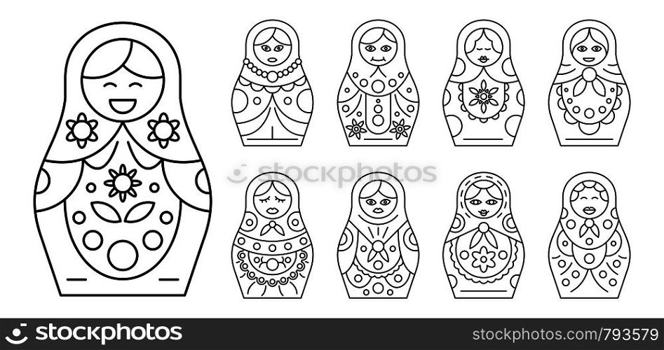 Russian matryoshka icon set. Outline set of russian matryoshka vector icons for web design isolated on white background. Russian matryoshka icon set, outline style