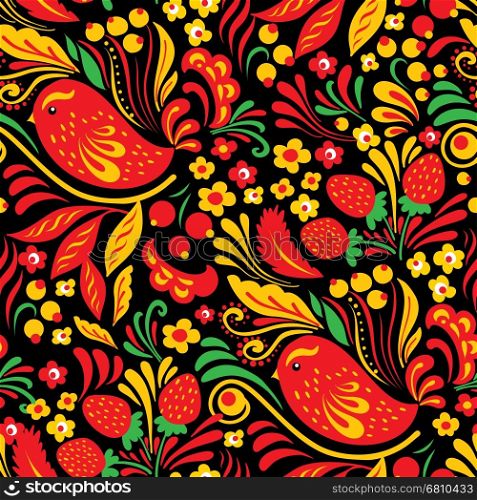 Russian national folk seamless pattern Hohloma. Yellow and red flowers, birds and berries on black background.