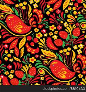 Russian national folk seamless pattern Hohloma. Yellow and red flowers, birds and berries on black background.