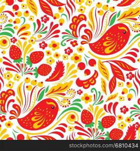 Russian national folk seamless pattern Hohloma. Yellow and red flowers, birds and berries on white background.