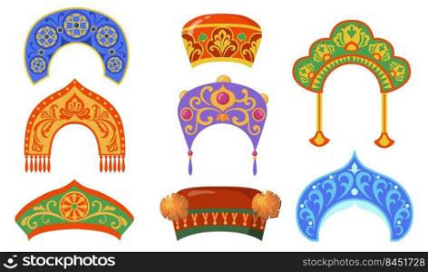 Russian national lady hat flat item set. Cartoon kokoshniks for ethnic folk costume isolated vector illustration collection. Headdress and Russia concept