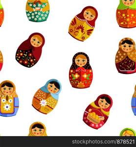Russian nesting doll, traditional wooden souvenir from Russia seamless pattern isolated on white vector. Woman figure decorated with ornaments and natural clothes. Folklore and traditional drawing. Russian doll, traditional wooden souvenir from Russia seamless pattern