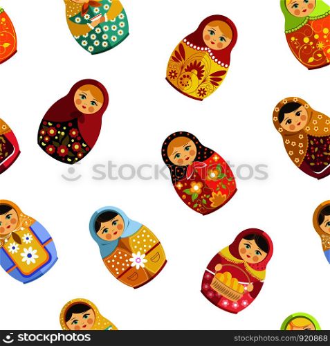 Russian nesting doll, traditional wooden souvenir from Russia seamless pattern isolated on white vector. Woman figure decorated with ornaments and natural clothes. Folklore and traditional drawing. Russian nesting doll, traditional wooden souvenir from Russia seamless pattern isolated on white vector.