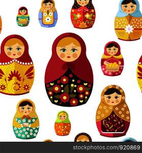 Russian nesting doll, traditional wooden souvenir from Russia seamless pattern isolated on white vector. Woman figure decorated with ornaments and natural clothes. Folklore and traditional drawing. Russian nesting doll, traditional wooden souvenir from Russia seamless pattern isolated on white vector.