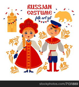 Russian people in folk national costume. Russia, Moscow concept.. Russian people in folk national costume. Russia, Moscow concept. Vector illustration in flat style.