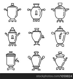 Russian samovar icons set. Outline set of russian samovar vector icons for web design isolated on white background. Russian samovar icons set, outline style