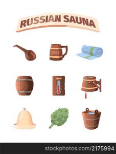 Russian sauna. Bathing baden accessories relax hot place hat broom bathroom garish vector sauna items collection cartoon. Set of icons russian bathhouse to relax with beer illustration. Russian sauna. Bathing baden accessories relax hot place hat broom bathroom garish vector sauna items collection cartoon