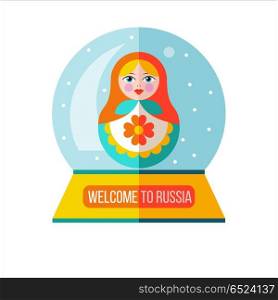 Russian souvenir. Vector illustration.. Russian souvenir. Glass ball with Russian doll matryoshka. travel to Russia. Vector illustration.