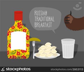 Russian traditional breakfast: vodka, dumplings and pickle. Bears paw. Vector illustration&#xA;