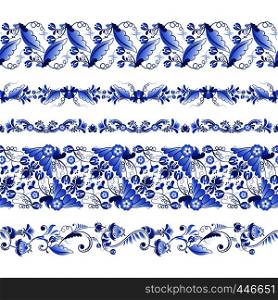 Russian traditional elements. Set of horizontal seamless pattern in gzhel style. Gzhel russian pattern seamless element, floral blue flower. Vector illustration. Russian traditional elements. Set of horizontal seamless pattern in gzhel style