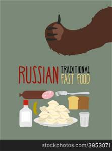 Russian traditional fast food. Bear approves. Vodka and dumplings&#xA;
