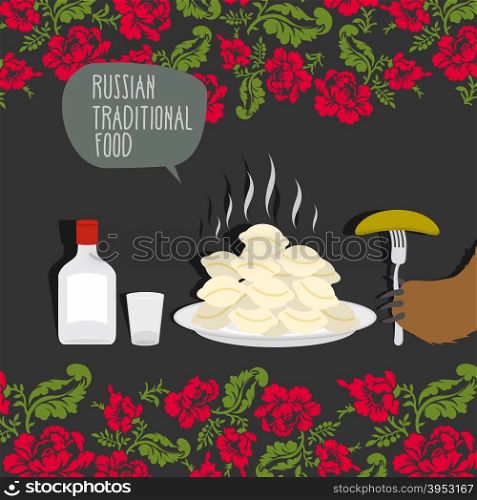 Russian traditional food. Ravioli, vodka, cucumber and the bears paw. Vector illustration