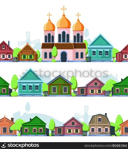 Russian village landscape. Rural old style wooden houses garish vector seamless background template. Landscape village house rural. Russian village landscape. Rural old style wooden houses garish vector seamless background template