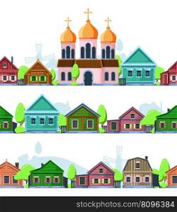 Russian village landscape. Rural old style wooden houses garish vector seamless background template. Landscape village house rural. Russian village landscape. Rural old style wooden houses garish vector seamless background template