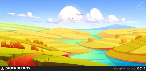 Rustic autumn meadow landscape, rural yellow field with dirt road, river, hay stacks and mountain on horizon. Farmland parallax effect, scenery countryside fall season nature Cartoon vector background. Rustic autumn meadow landscape, rural yellow field
