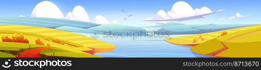 Rustic autumn meadow landscape, rural yellow field with dirt road, river, hay stacks and mountain on horizon. Farmland sce≠ry countryside fall season nature. Cartoon vector panoramic background. Rustic autumn meadow landscape, rural yellow field