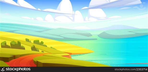 Rustic autumn meadow landscape, rural yellow field with dirt road, water pond, sea or river and fluffy clouds on horizon. Farmland scenery countryside fall season nature, Cartoon vector background. Rustic autumn meadow landscape, rural field, pond