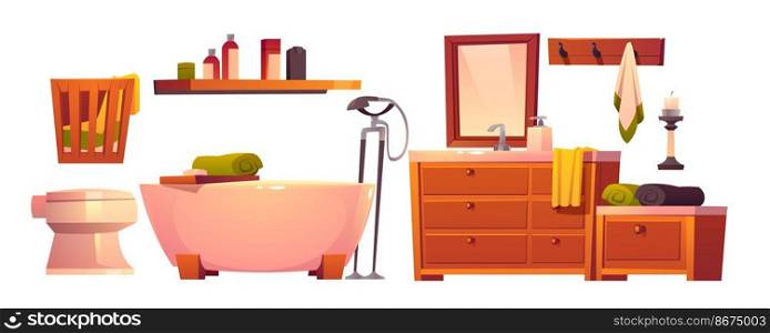 Rustic bathroom stuff in retro style set. Wooden vintage furniture, bath tub, toilet and basket for dirty linen, shelf, mirror and washbasin, clean towels and hanger isolated cartoon vector clip art. Rustic bathroom stuff in retro style isolated set