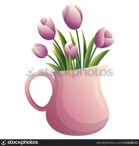 Rustic bouquet of spring flowers in milk jug for decoration design. Spring season decoration. Hand drawn vector colorful illustration. Isolated object. Rustic bouquet of spring flowers in milk jug for decoration design. Spring season decoration. Hand drawn vector colorful illustration. Isolated object.