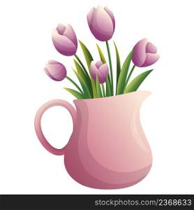 Rustic bouquet of spring flowers in milk jug for decoration design. Spring season decoration. Hand drawn vector colorful illustration. Isolated object. Rustic bouquet of spring flowers in milk jug for decoration design. Spring season decoration. Hand drawn vector colorful illustration. Isolated object.
