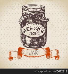 Rustic canning jar with cherry jam. Vintage hand drawn sketch design. Vector illustration