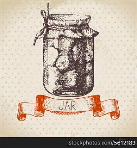 Rustic canning jar with tomato. Vintage hand drawn sketch design. Vector illustration