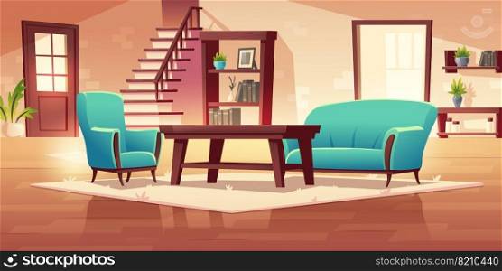 Rustic house hallway interior with wooden stairs and furniture coffee table, shelf, bookcase, couch and armchair with potted plants. Apartment or home decor in rural style cartoon vector illustration. Rustic house hallway interior with wooden stairs