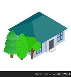 Rustic house icon isometric vector. New one storey building and green tree icon. Private residential country house, farmhouse. Rustic house icon isometric vector. New one storey building and green tree icon