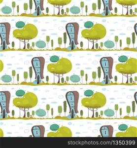 Rustic House in Countryside Craft Seamless Pattern in Flat Style. Repeated Design with Eco Friendly Farmer Home. Traditional Suburb Building in Garden or Forest Wallpaper Vector illustration. Rustic House in Countryside Craft Seamless Pattern