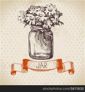 Rustic jar with chamomile bouquet. Vintage hand drawn sketch design. Vector illustration