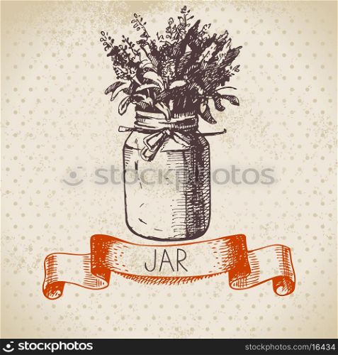 Rustic jar with lavender bouquet. Vintage hand drawn sketch design. Vector illustration