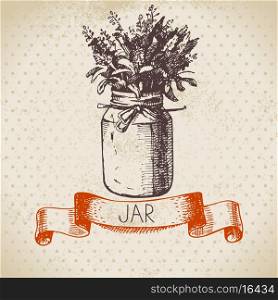 Rustic jar with lavender bouquet. Vintage hand drawn sketch design. Vector illustration