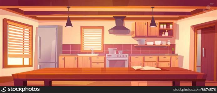 Rustic kitchen empty interior with wooden table, furniture and appliances. Oven, range hood, refrigerator and utensil. Cooking equipment in retro vintage style, jalousie. Cartoon vector illustration. Rustic kitchen empty interior with wood furniture