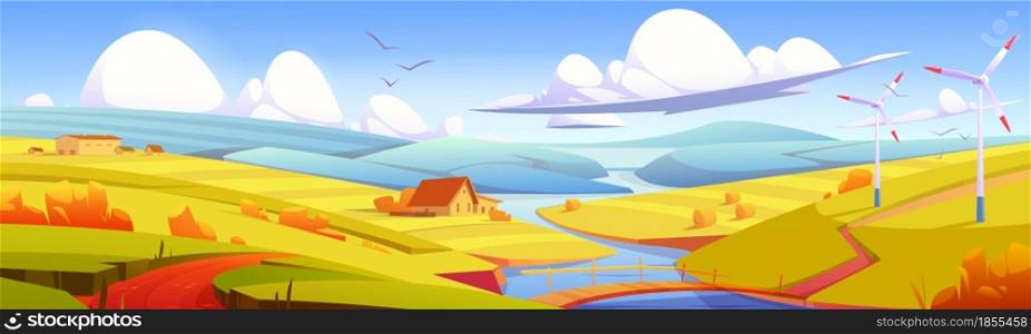 Rustic landscape, meadow, rural field with bridge over river, hay stacks and farm buildings. Parallax effect, scenery autumn countryside nature background in yellow colors, Cartoon vector illustration. Rustic landscape, meadow, rural field with river