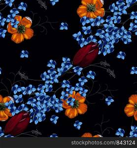 Rustic seamless pattern on dark background. Stylized art. Vector floral template