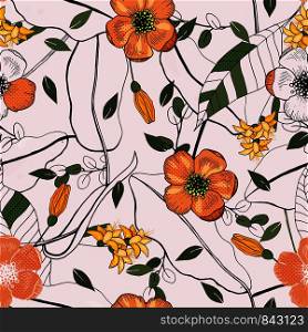 Rustic seamless pattern on light background. Stylized art. Orange, yellow daisy. Vector floral template.