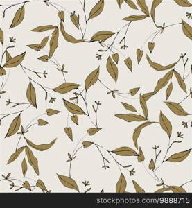 Rustic vintage golden green leaves and hand sketched foliage seamless pattern on light pastel background. Botanical vector illustration of painted small floral elements and outline drawing