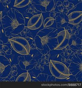 Rustic vintage golden leaves and hand sketched flowers seamless pattern on blue background. Botanical vector illustration of painted small floral template and outline drawing elements
