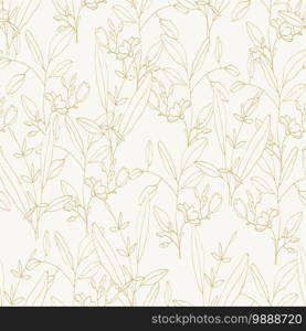 Rustic vintage golden leaves and hand sketched flowers seamless pattern on white pastel background. Botanical vector illustration of painted small floral template and outline drawing elements