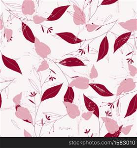 Rustic vintage pink leaves and hand sketched flowers seamless pattern on white background. Botanical vector illustration of painted small floral template and outline drawing elements for textile, fashion, fabric, wrapping.