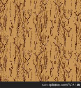 Rustic wood branches seamless pattern background. Hand drawn branches vintage texture. Vector illustration. Rustic wood branches seamless pattern. Hand drawn branches vintage texture